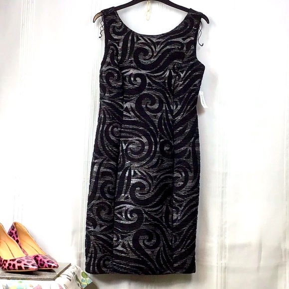 🖤Dressbarn Collection Black Silver Swirl Stretch Sleeveless Lined Knee Length - Picture 9 of 9
